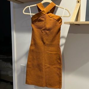 Aritzia Babaton Sculpt Knit Criss Cross Dress size small mustard color